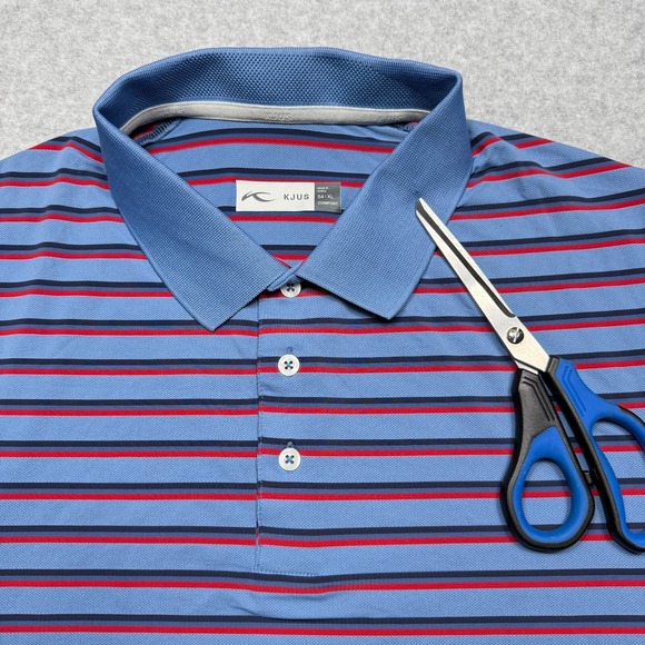 KJUS Polo Shirt Mens XL 54 Blue Stripe Comfort‎ Short Sleeve Performance Golf * - Picture 6 of 11
